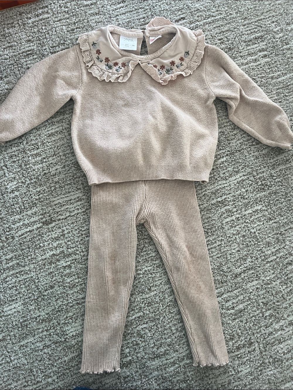 Zara Beige Knit Kids Matching Set with Embroidered Collar